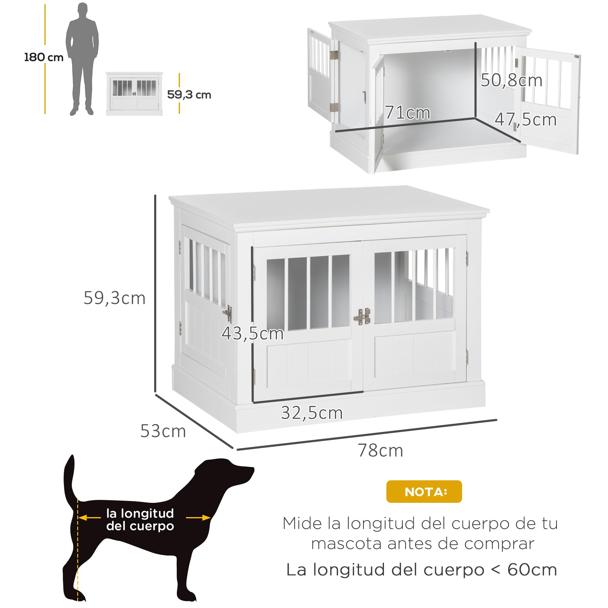 PawHut Jaula para Perros, Mesa Auxiliar, Casa para Mascotas Moderna con 3 Puertas Francés con Cierre Magnético, para Perros Pequeños, 78x53x59,3 cm, Blanco