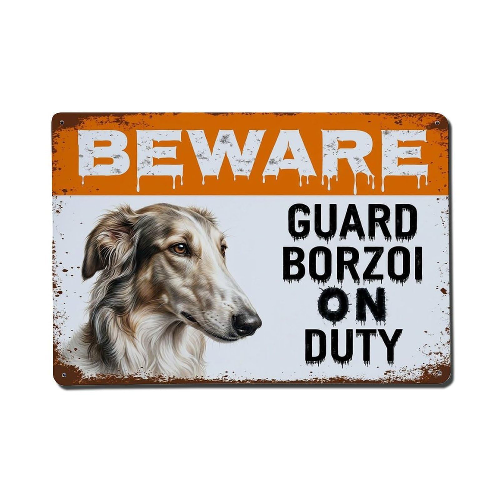 Vintage Funny Borzoi Guard Beware of Dog Area Metal Tin Sign Plaque Wall Decor for Cafe, Club Bar, Office, Garden Metal Poster 8x12Inch