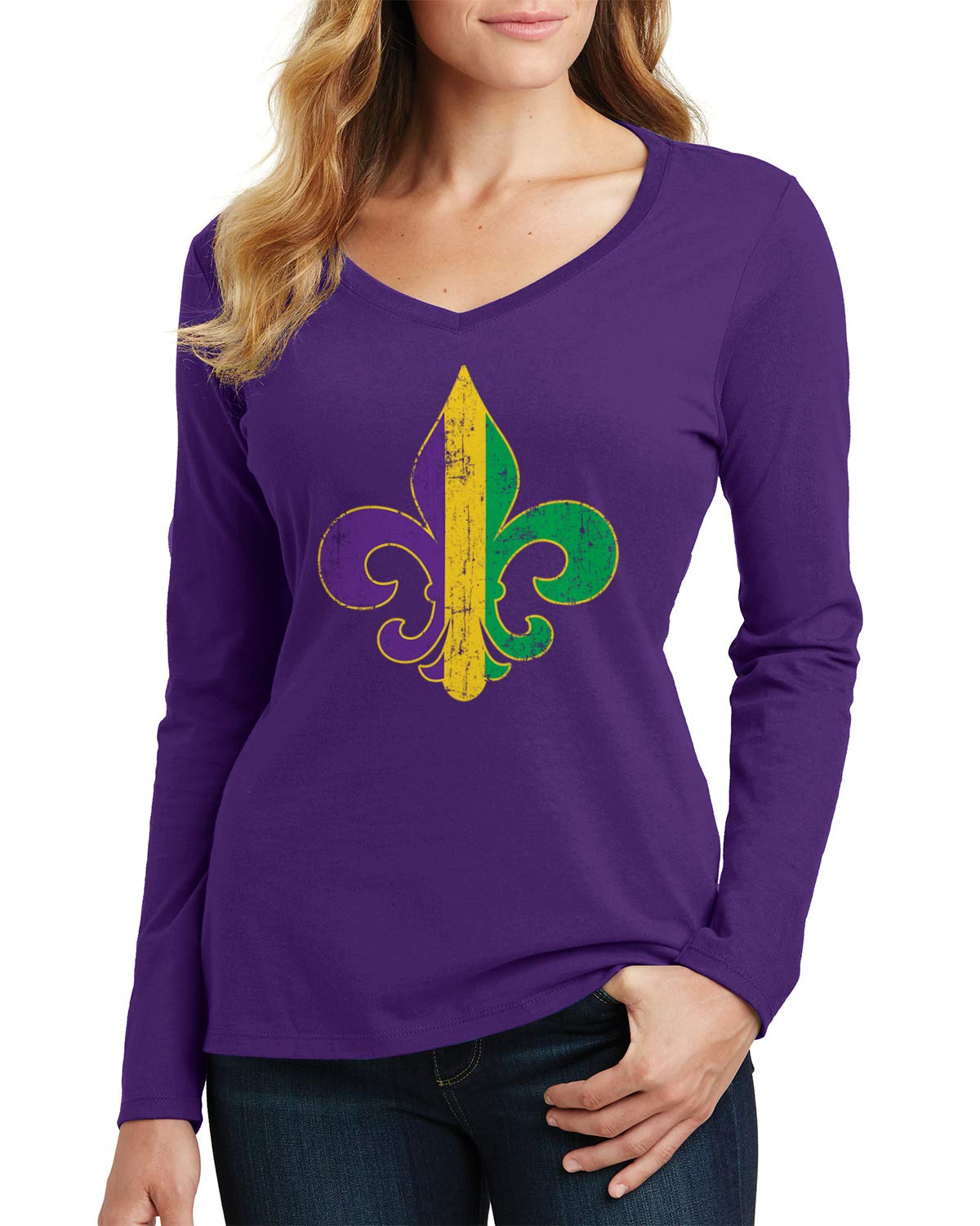ThreadrockWomen's Mardi Gras Fleur De Lis Long Sleeve V-Neck T-Shirt