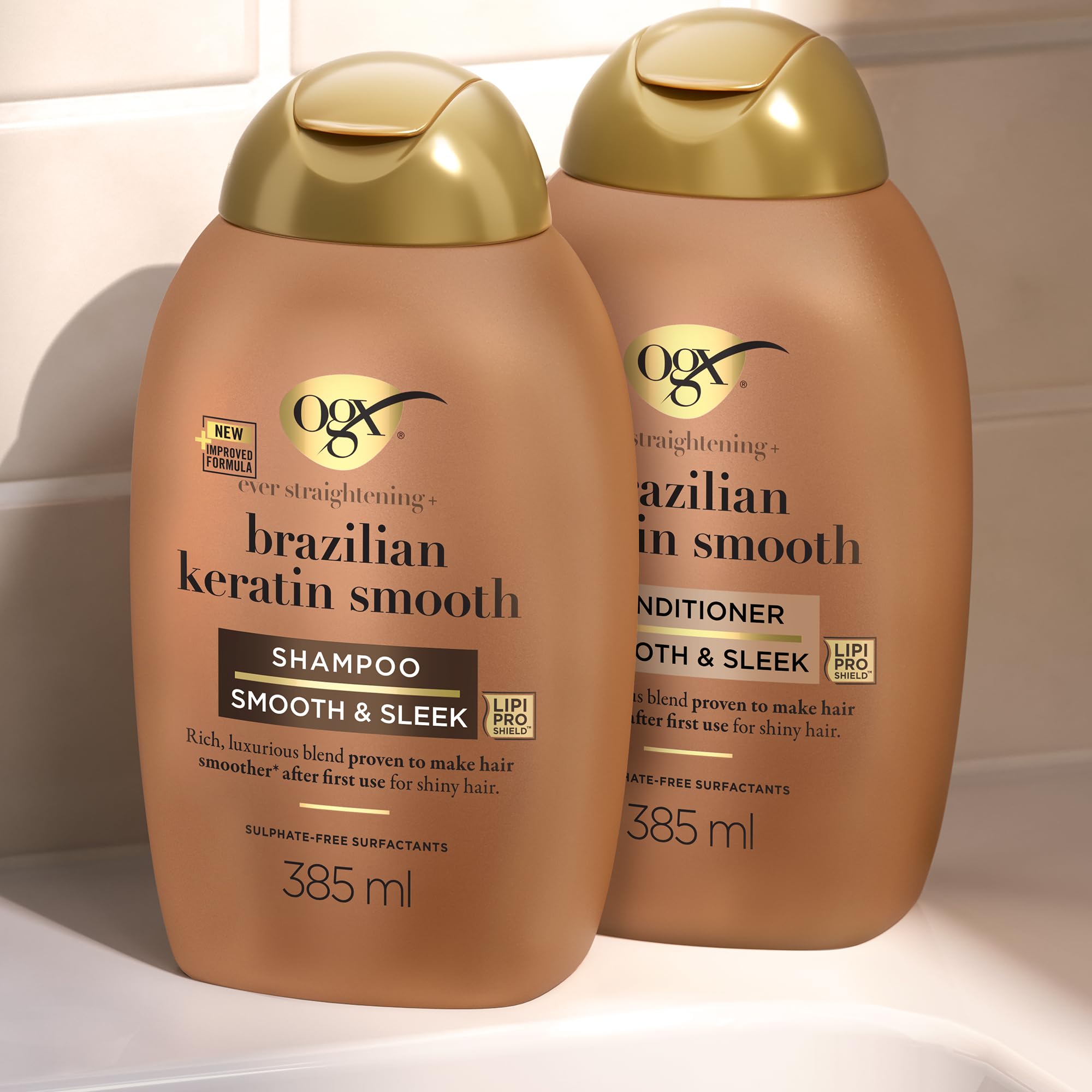 OGX - Après-Shampooing Kératine Lissage Brésilien (flacon de 385 ml) – Soin capillaire lissant à la kératine pour des cheveux brillants – Après-shampoing sans sulfate et sans parabène