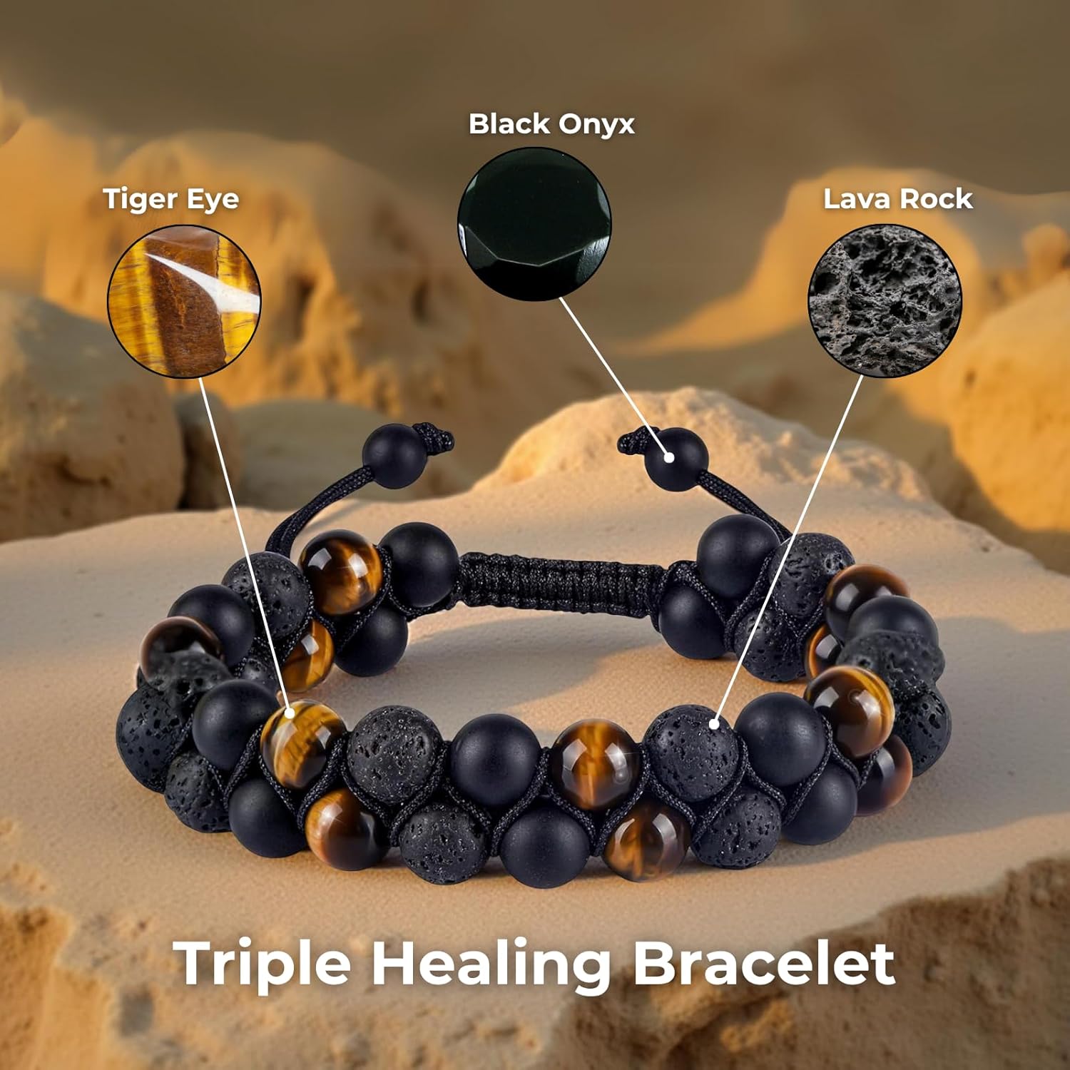 Triple Protection Bracelet for Men & Women – Lava Rock, Black Onyx & Tiger Eye 8mm Natural Stone Beads | Grounding, Confidence, Prosperity & Stress Relief Energy Bracelet