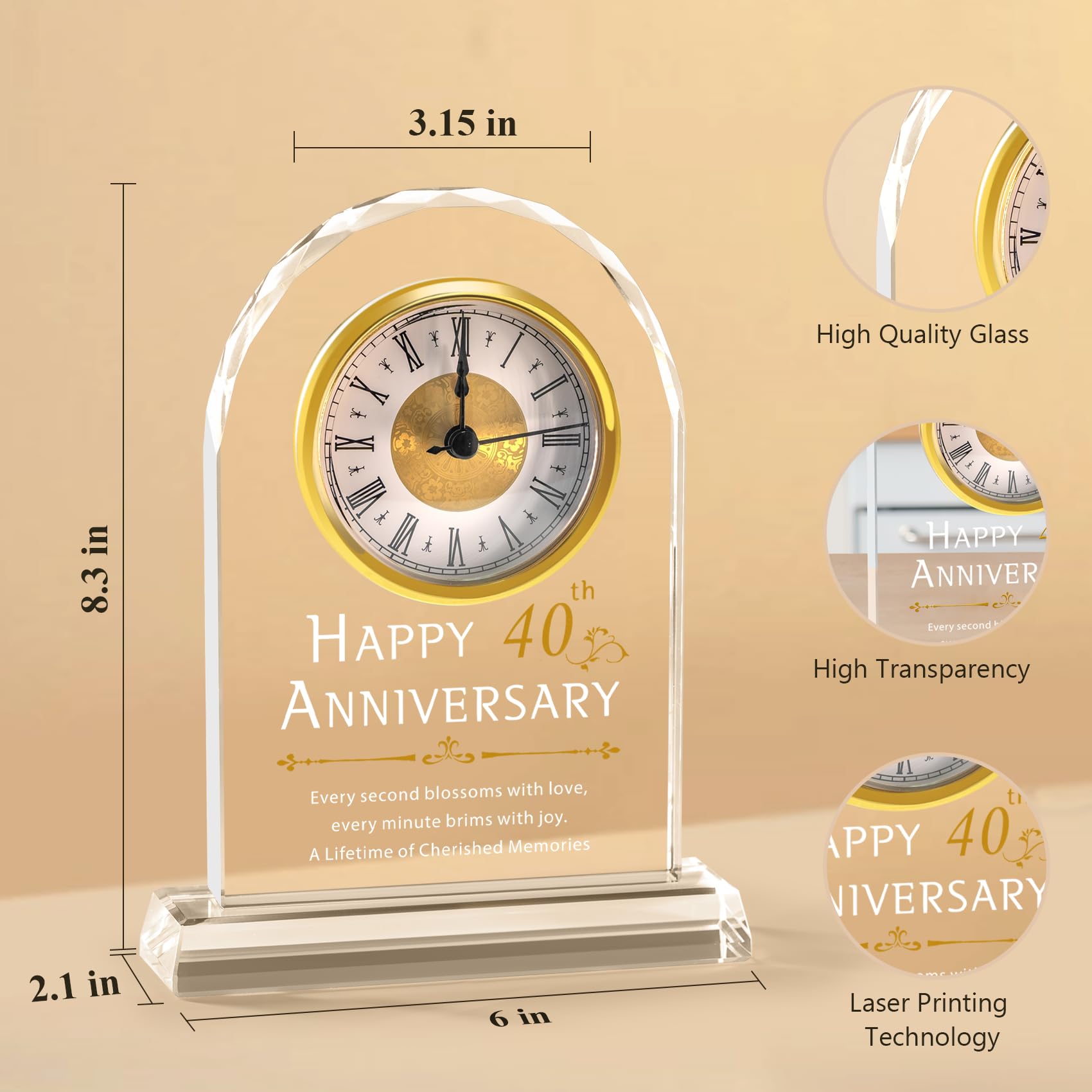 40th Anniversary Wedding Gifts Crystal Clock Gifts For Wife Husband,Laser Engraved 40th Anniversary Wedding Crystal Keepsake Gift For Couple Parents,40th Anniversary Quartz Clock Decorations For Home