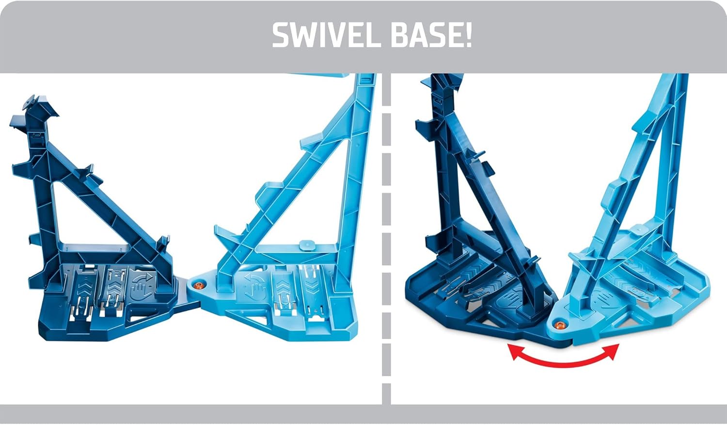 Close-up of the Hot Wheels Track Builder Unlimited Infinity Loop Kit's swivel base, showing how it can be adjusted for different track configurations.