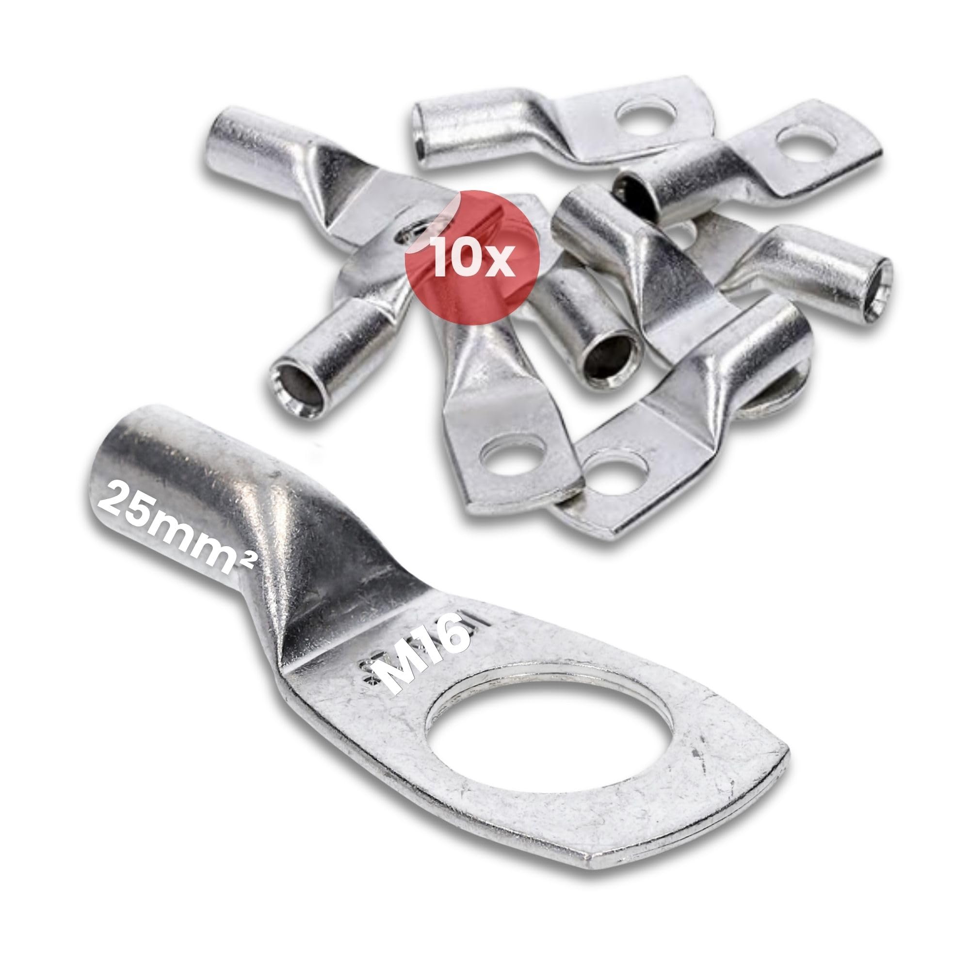Kalitec 10x Cosse Tubulaire 25 mm² M16, Connecteur de Câble en Cuivre | Connecteurs à sertir étamés pour installation électrique, voiture et solaire. Borne de raccordement robuste sans trou.
