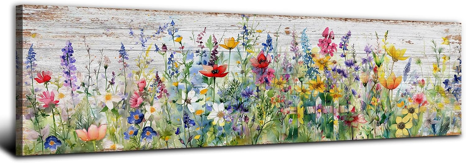 Rustic Wildflower Wall Art Colorful Farmhouse Floral Scenery Picture Decor Watercolor Flower Landscape Wood Grain Prints Painting Artwork for Living Room Office Bathroom Bedroom Home Decoration 14x48" 14L" x 48W" Rustic Wildflower