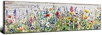 Rustic Wildflower Canvas Wall Art 14x48" Farmhouse Floral Landscape Print - Colorful Watercolor Wood Grain Ready-to-Hang Decor