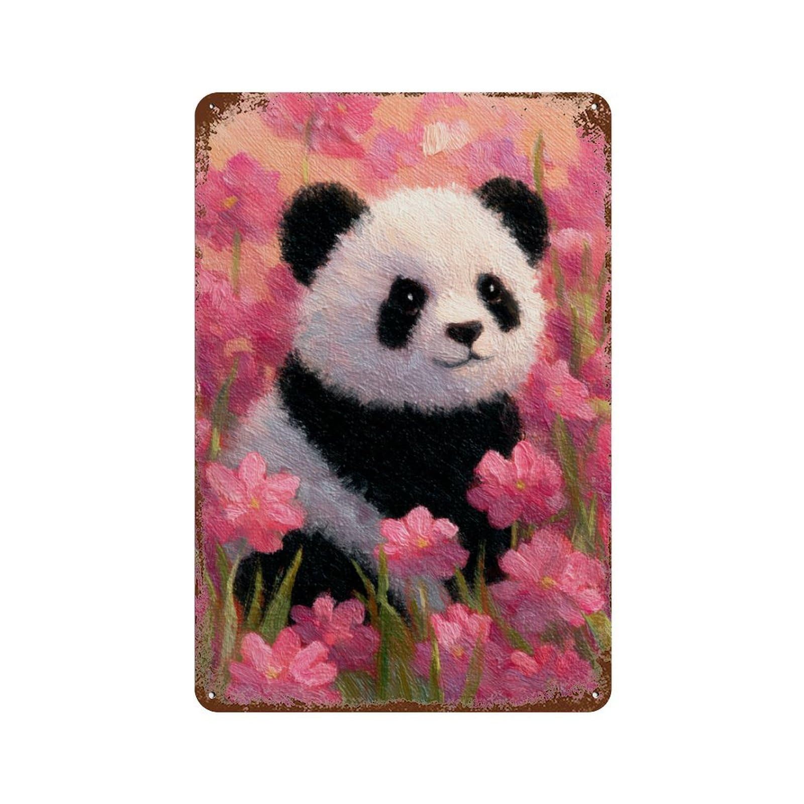 Panda in Pink Flowers Rust Effect Tin Sign 11.8"x7.9", Farmhouse Wall Decor for Living Room, Hallway And Home Decor