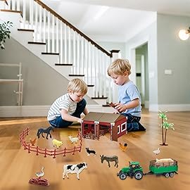Mini Toy Barn Farm Toys Playset, 66PCS Plastic Farm Animals Figurines and Fence Farm Playset, Farm Figures Farmer Vehicle Toy Truck with Trailer for 3-12 Years Old, Christmas Birthday Gifts for Kids