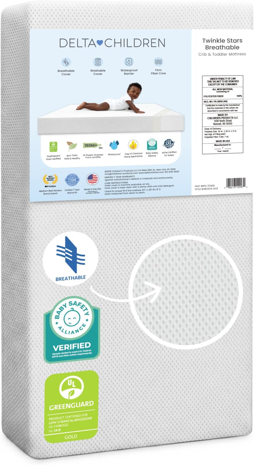Twinkle Stars Crib and Toddler Mattress with Breathable, Removable Machine-Washable Cover - GREENGUARD Gold - Waterproof Baby Bed - Sustainably Sourced Fiber Core - 52”Lx27.5”W, White