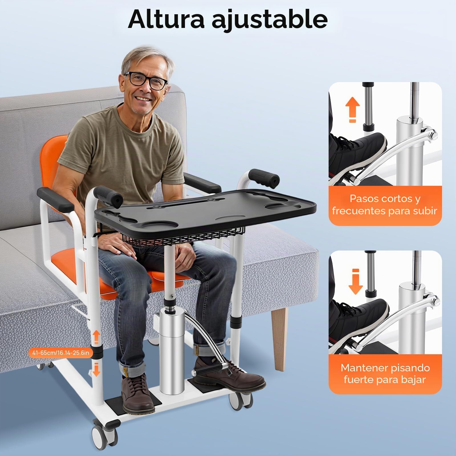 Capacidad de carga 330.7 Lbs hidráulica Paciente elevador Silla de transferencia, Silla de ruedas Dos sistemas de freno, Apoyabrazos fijos