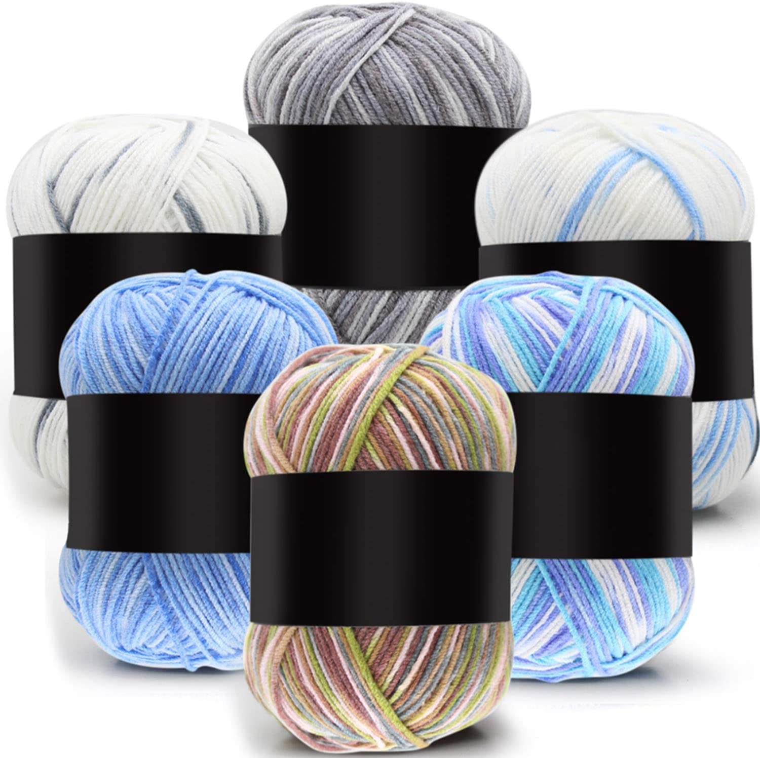 6 Pieces Pure Cotton Yarn Set DIY Yarn Crochet Yarn Multi-Colored Acrylic Yarn Hand Knitting Yarn (Gray, Gray White, Gray Green Coffee, White Blue, Sky Blue, Blue White, 3-Ply)