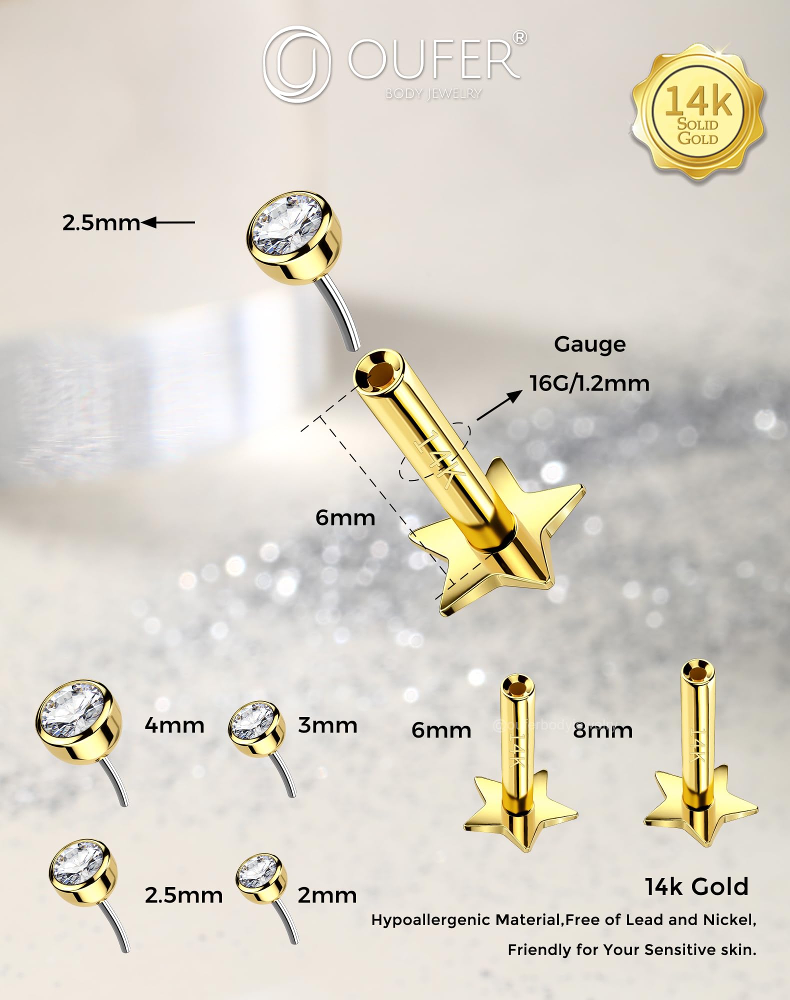 OUFER Body Piercing Push In Lip Piercing Stud Bar Threadless Helix Earrings Piercings 16G Labret Piercing Jewellery Tragus Conch Bar Cartilage Earrings
