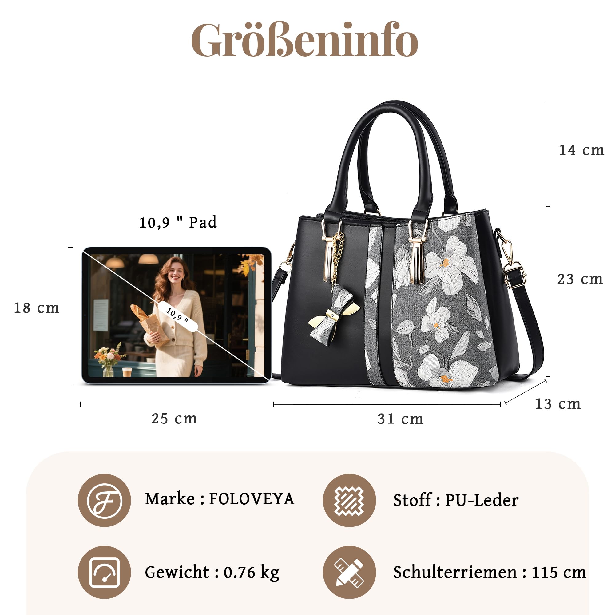 Handtasche Damen Mittelgroß, Elegante Henkeltasche mit Schleife