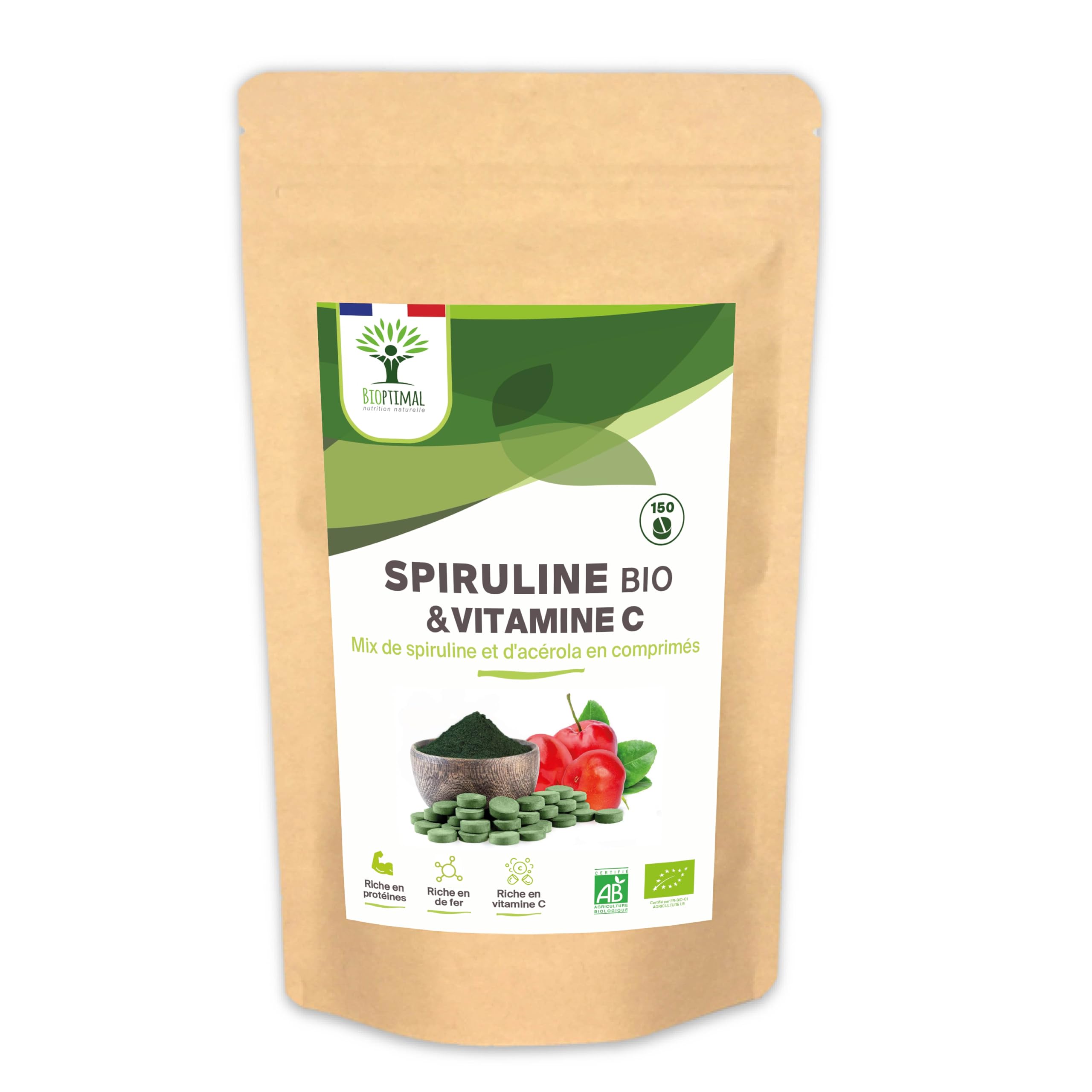 Spiruline + Acérola Bio - Complément Alimentaire - Enrichi En Vit. C et Magnésium - Meilleure Absorption Du Fer - Energie Immunité - 500mg - Fabriqué En France - Certification Ecocert - 150 Comprimés