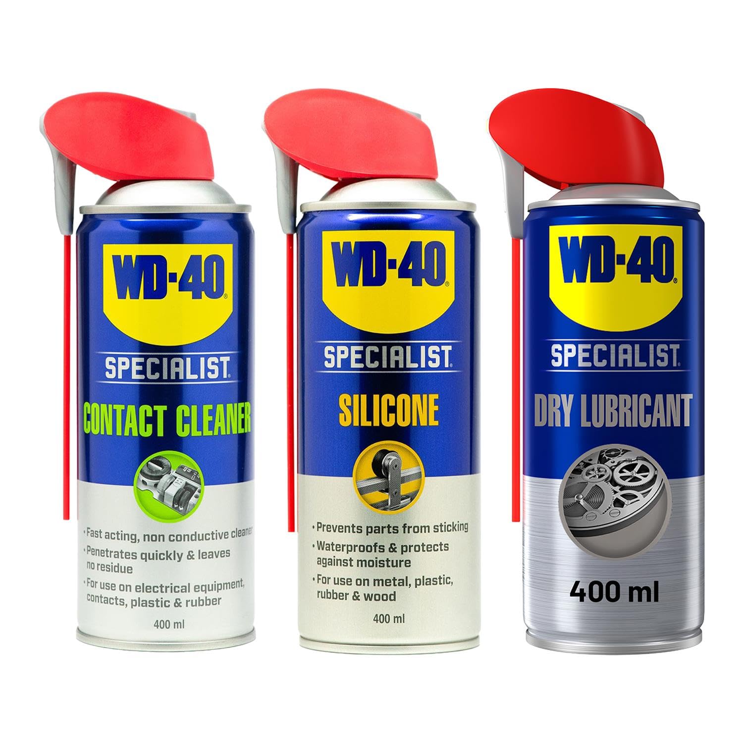 WD-40 Specialist Spray Bundle, 400ml - Dry Lubricant, Silicone Lube & Electrical Contact Cleaner, Fast-Drying, No Residue Formula, Multi-Surface Maintenance for Home, Garage & Car