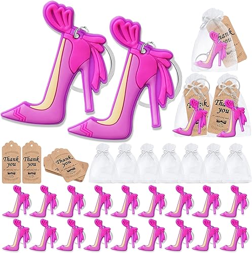 Paquete de 60 decoraciones de fiesta de niña para invitados, 20 llaveros de tacón alto, 20 etiquetas y 20 bolsas de regalo para baby shower,