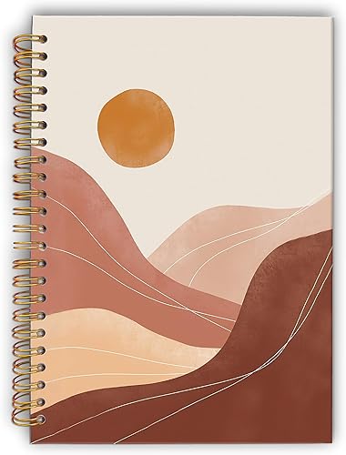 Lacosu Cuaderno de espiral de paisaje abstracto bohemio, montaña, sol, desierto, cubierta dura laminada, con rayas universitarias de 5.5 x 8.3