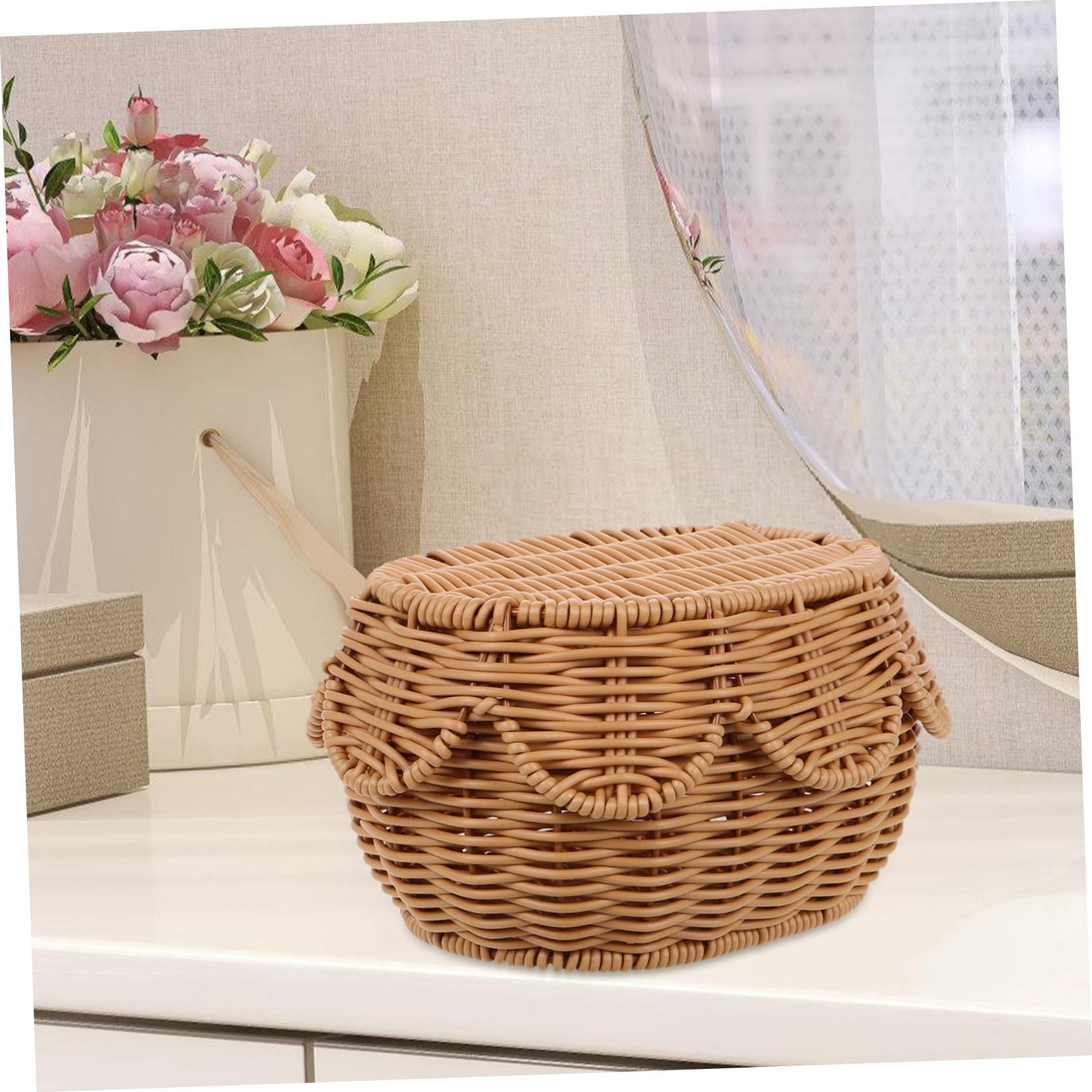Cesta tejida a mano con tapa, ratán multifuncional para cosméticos, joyas, decoración del hogar y la oficina