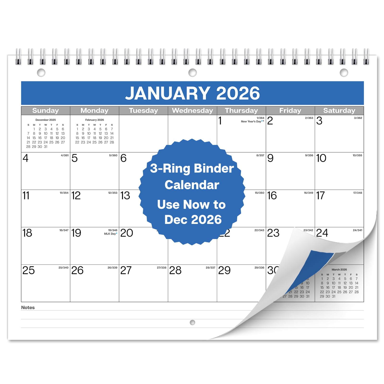 Dunwell 8.5x11 Binder Calendar 2026, Use Jan to Dec 2026, 3-Hole Punched, Fits 3-Ring Notebook, Use on Desk or as 2026 Wall Calendar