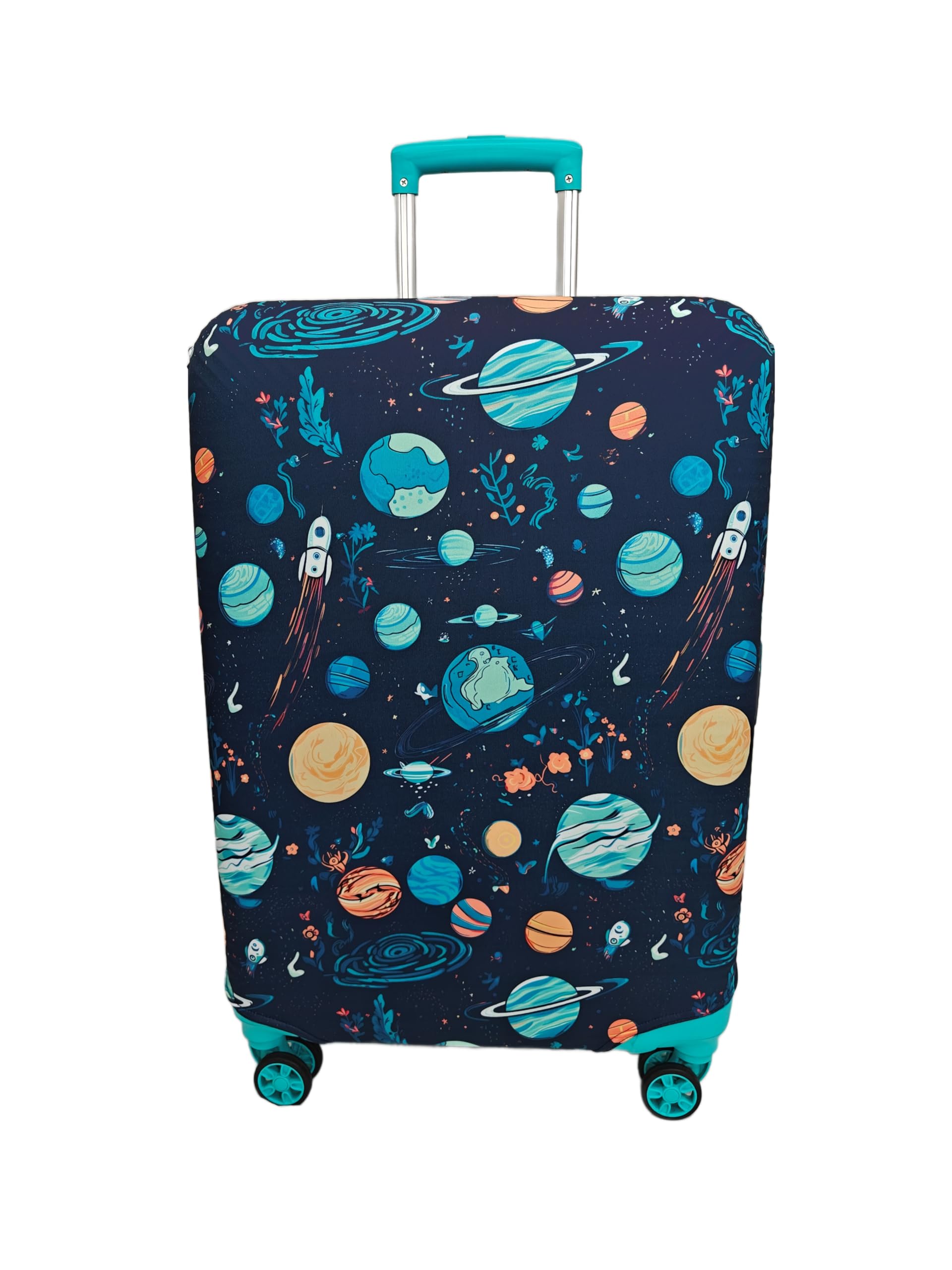 Printed Travel Luggage Cover for Suitcase - Stretchable & Scratchproof Trolley Bag Protector (1, Space Rocket, Medium)