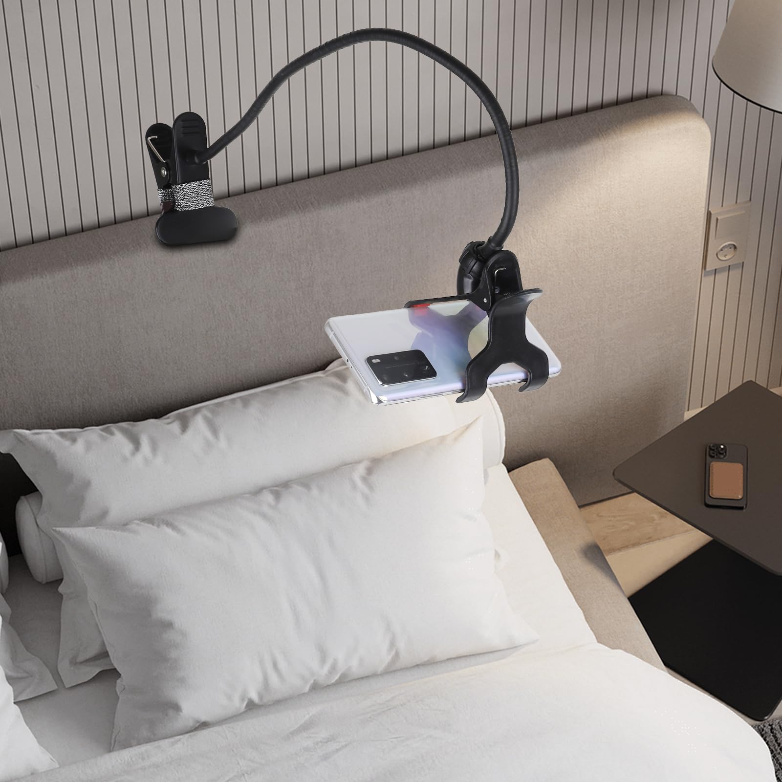 Kuryai Gooseneck Bed Phone Holder, Flexible Long Arm Clip On Phone Holder for Bed, Desk, Headboard, Bedside, 360 Adjustable Cell Phone Clamp Mount Stand, All 4-7" Cellphone
