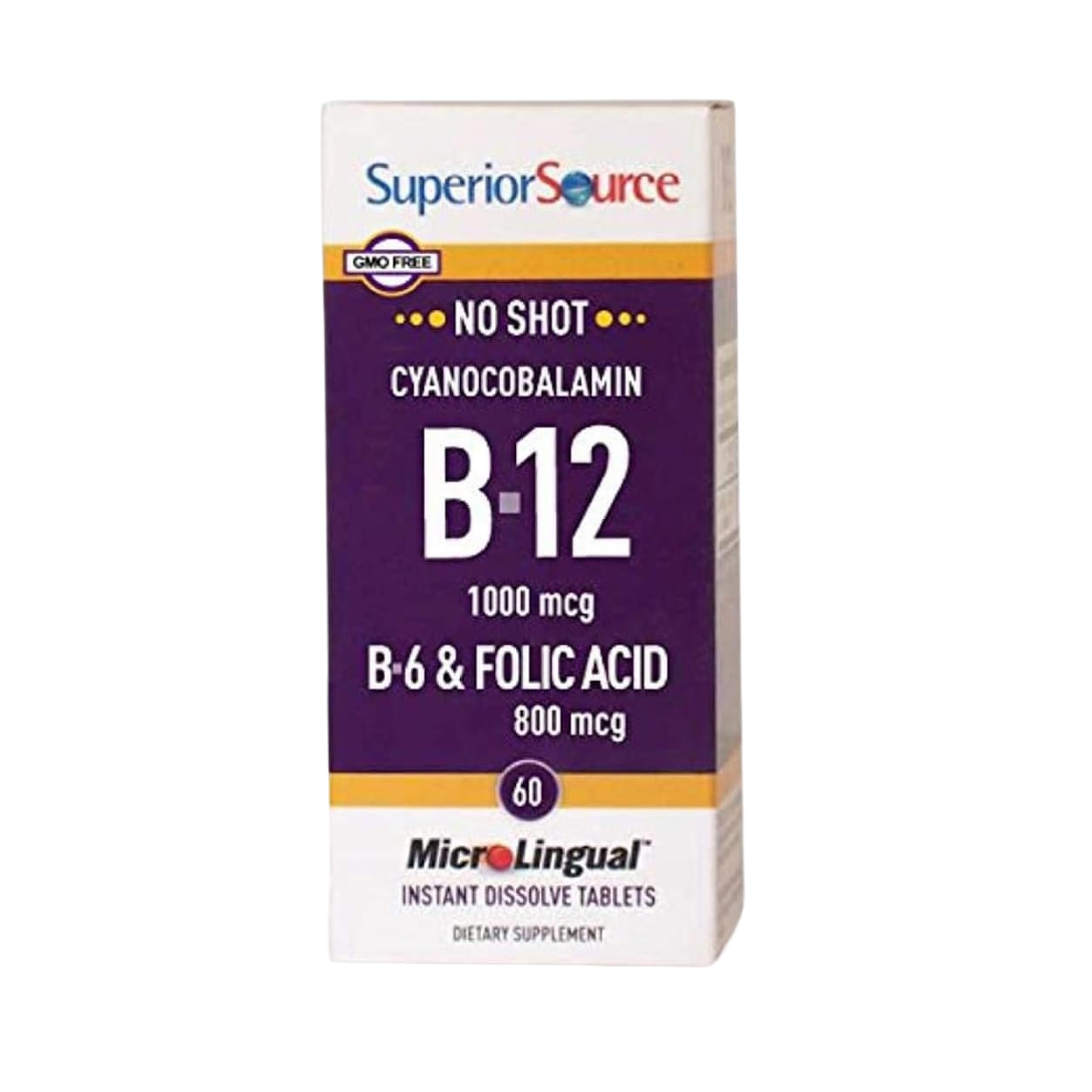 Superior Source No Shot Vitamin B-12 Cyanocobalamin 1000 mcg, B-6, Folic Acid 800 mcg - Support Brain & Heart Health - Aids Natural Energy Levels - 60 Sublingual Dissolving Tablets 60 Count (Pack of 1)