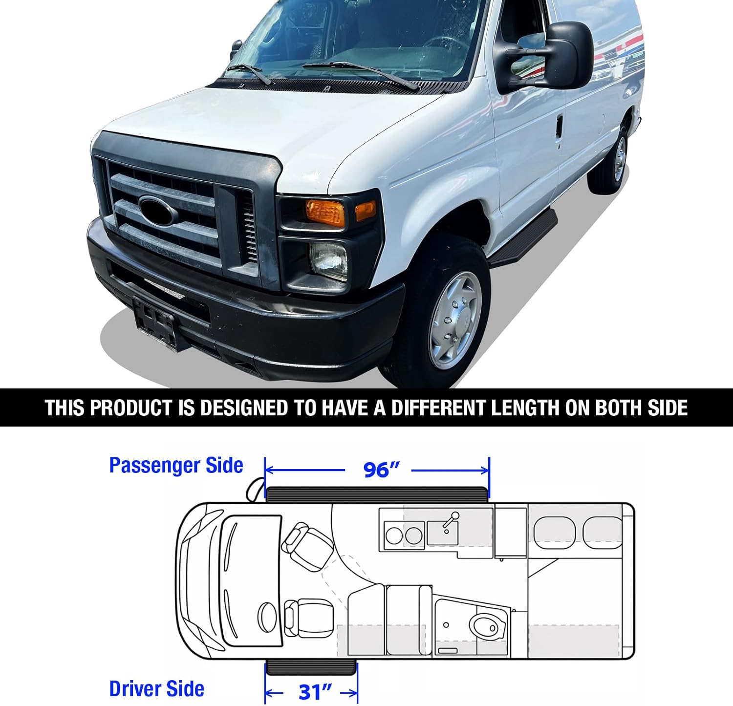 APS Black Stainless Steel Running Boards Style Compatible with Ford Econoline 1999-2014 Full Size Van 3-Door (Side Steps Side Bars) 6in Wide