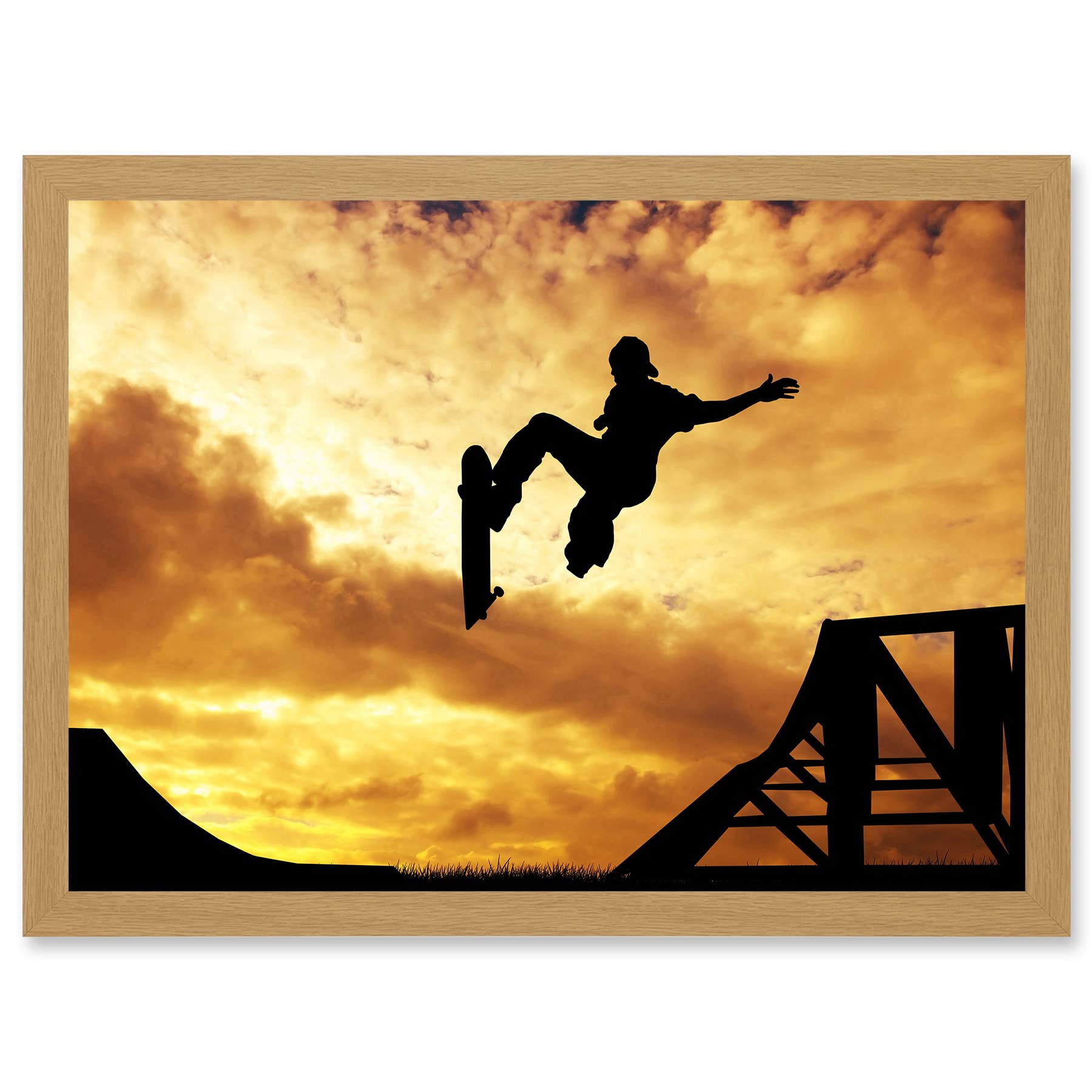 Artery8 Sunset Skateboard Silhouette Half Pipe A4 Artwork Framed Wall Art Print