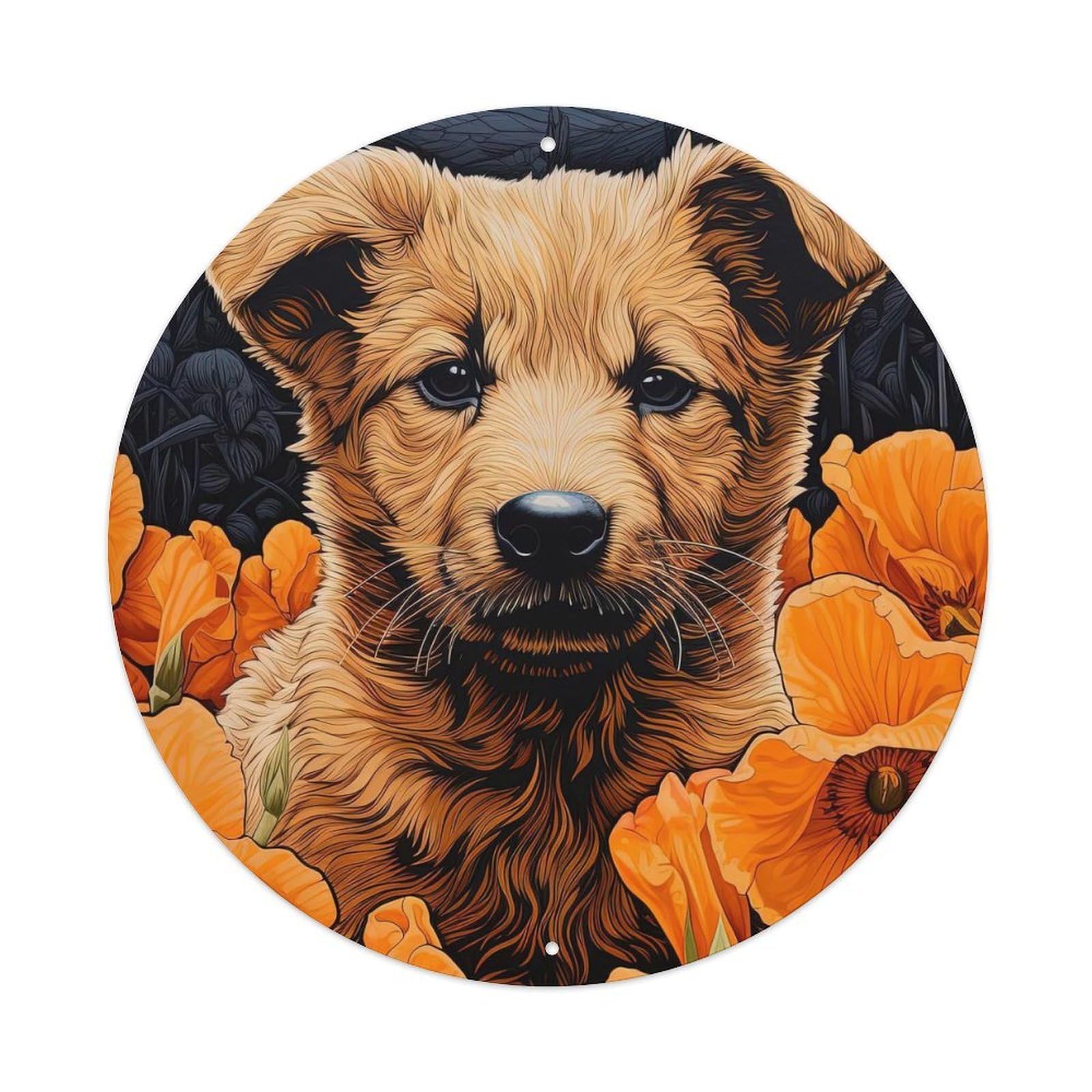 Animal Art Poster Golden Retriever Puppy Vintage Metal Tin Sign Plaque Wall Decor for Cafe, Club, Garden Round Metal Poster 8x8Inch