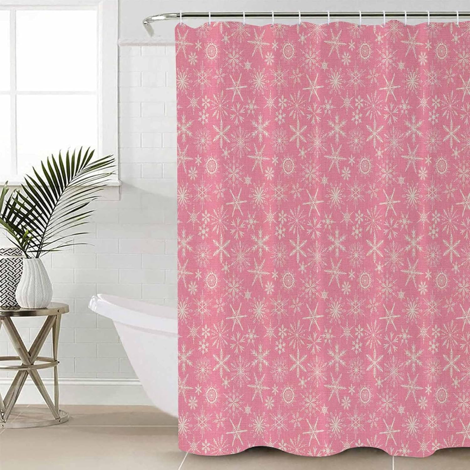 Fantasy SnowflakeShower Curtain Set with Hook 60" x 72",Washable Cloth Polyester Fabric Shower+Curtain,Waterproof Bath Curtains for Bathroom,Showers,Bathtubs Decor Christmas Vintage Farmhouse Pink
