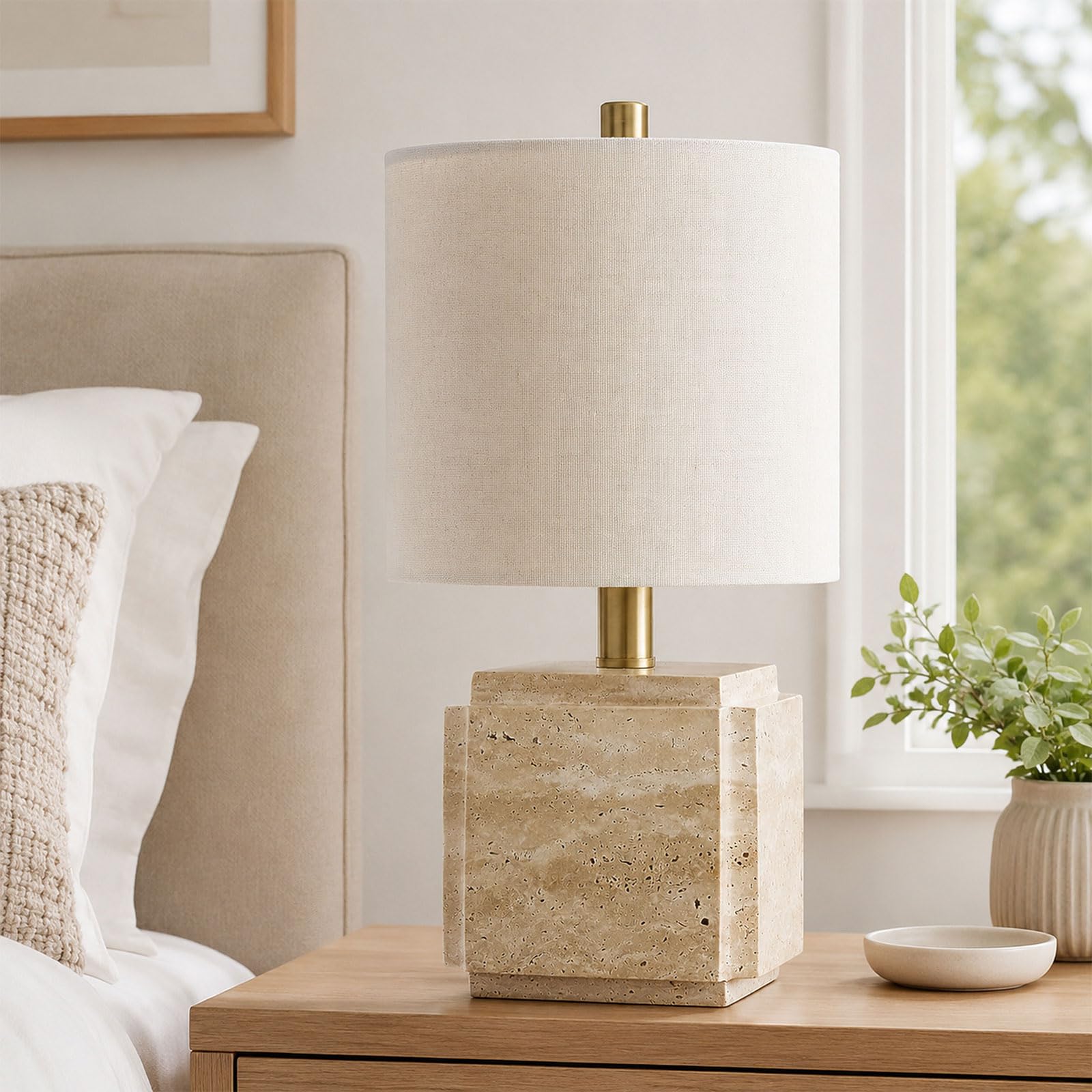 KlkrzJwy Travertine Table Lamp 15.7" Plug-in Table Lamp Beige Linen Bedside Lamp With E27 3-Color Temperature Natural Cube Stone Nightstand Lamp For Bedroom Living Room Office