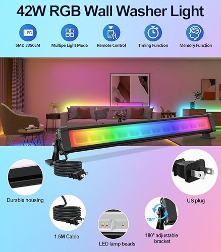 Miniatura 2 de MEIKEE Luz de arandela de pared RGBW de 42 W, 3350 lm, barra de luz de lavado impermeable IP66 con control remoto, tira de inundación de lavado que