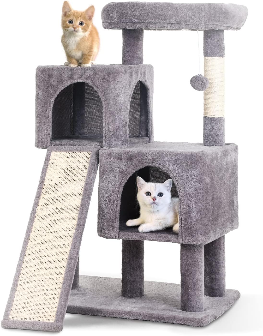 36 inches Cat Tower,Cat Tree for Indoor Cats with Scratching Posts Multi-Level Cat House with Ramp,Double Condos,Spacious Perch,Scratching Sisal Post and Dangling Balls for Kittens,Ashy