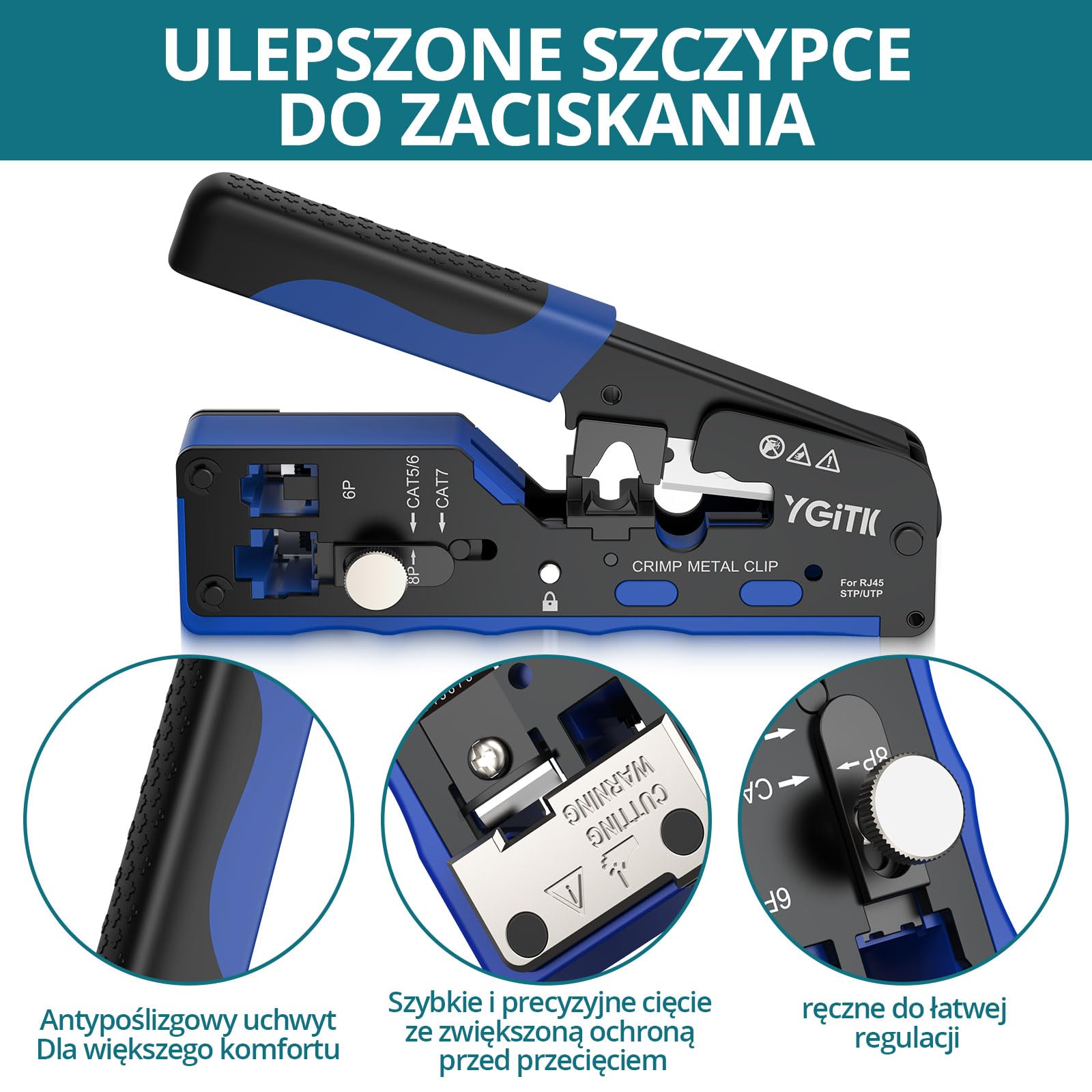Cat7 Sieciowe narzędzie do zaciskania 3-w-1 Zestaw narzędzi do zaciskania Ethernet dla Cat5/Cat6/Cat7 - Przechodnia zaciskarka RJ45, Tester kabli, Ściągacz przewodów z 50 złączami (20 Cat7 + 30