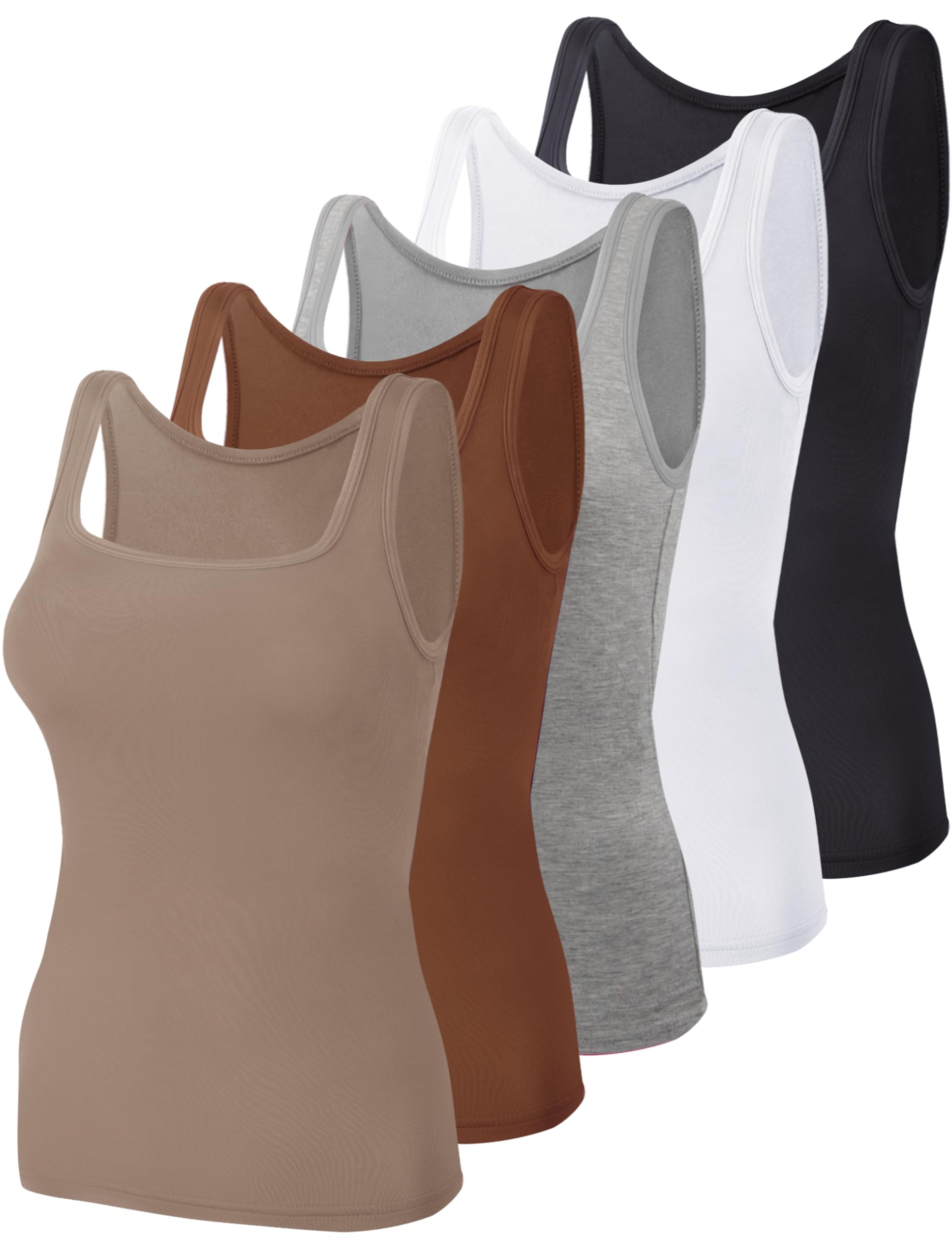 BQTQ Women's Square-Neck Tank Tops, Pack of 5, M, Black/White/Grey/Sienna/Misty Rose, Model BC-24-801