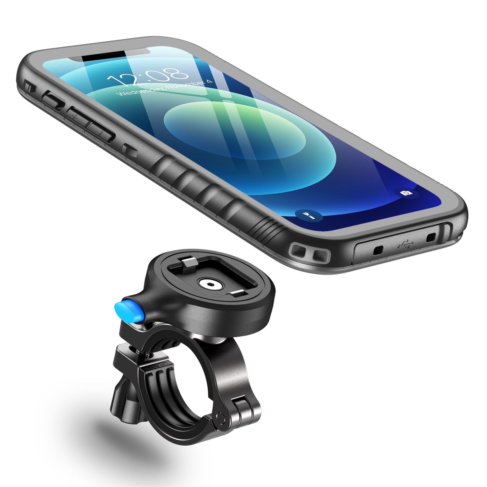 Cozycase Bike Phone Mount for iPhone 12/iPhone 12 Pro Waterproof One Button Unlock+Auto Lock in One Second Metal/Aluminium Rotatable Detachable Handlebar Motorbike Road/Mountain Bike Phone Holder