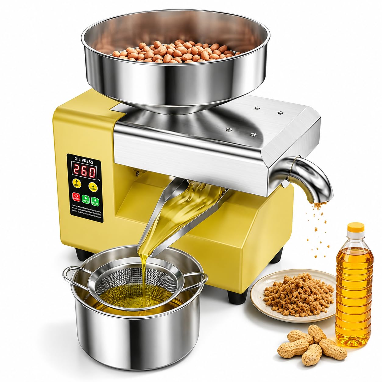 Maszyna do tłoczenia oleju 1500 W, ekstraktor na zimno ze stali nierdzewnej z pojemnikiem 235 mm, wydajność 5-9 kg/h do oliwek, orzeszków ziemnych, kokosów, sezamu