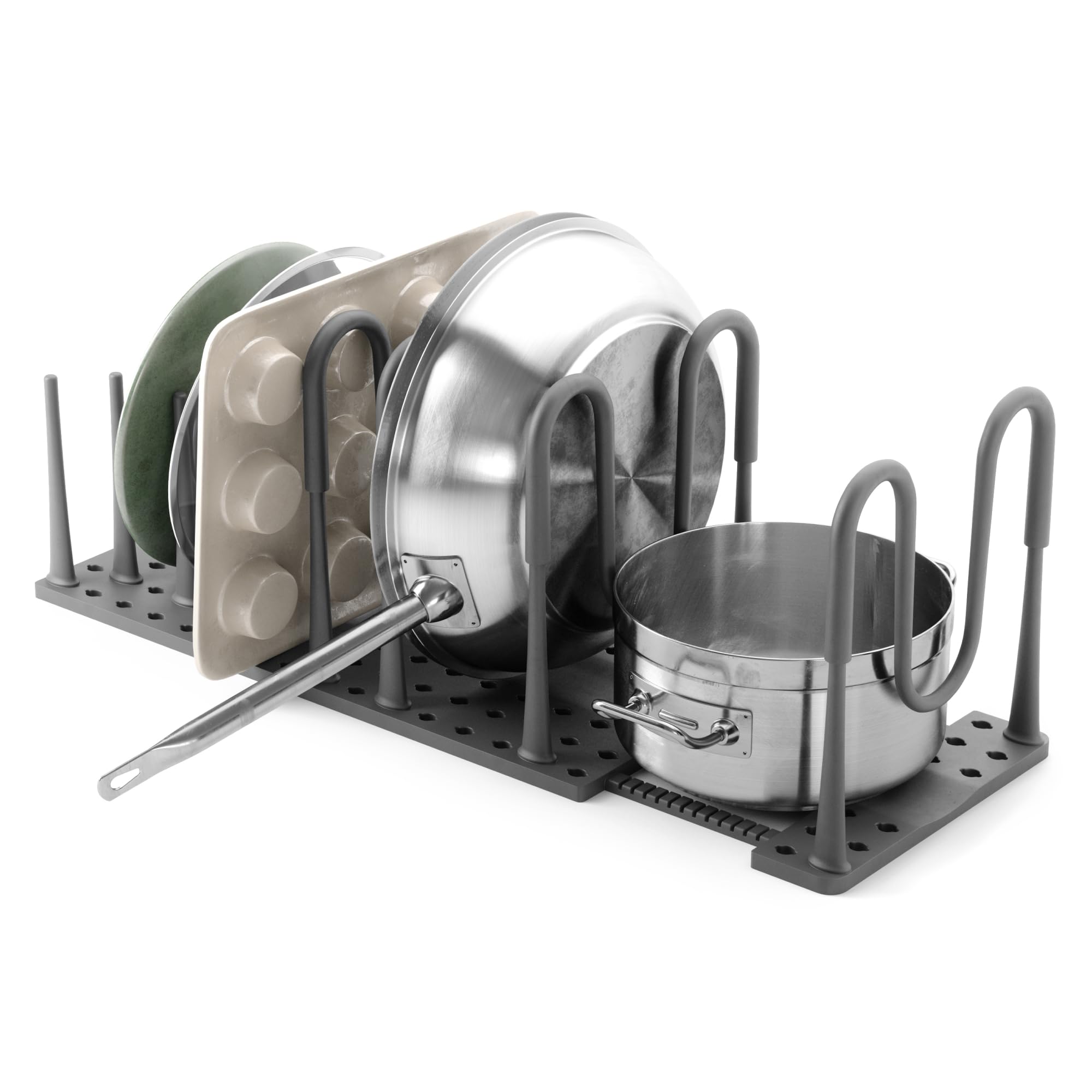 UmbraPeggy Cookware Organizer, Kitchen Cupboard Organizer Tray - Adjustable Storage System Food Containers, Cookware, Serveware, Bakeware and More, Charcoal