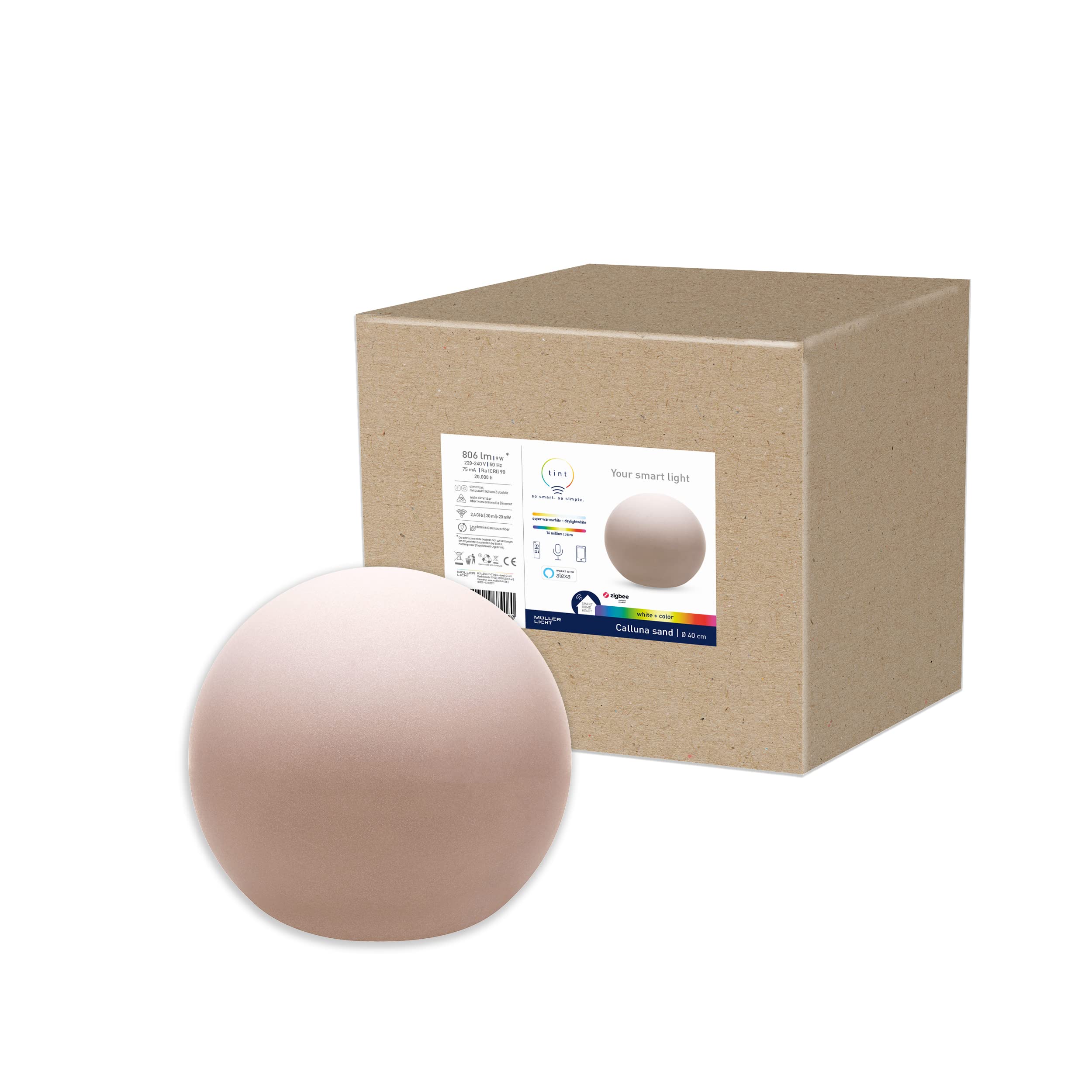tint Smarte Outdoor LED Leuchtkugel Calluna Ø 40cm, Gartenkugel, Kugelleuchte, Farbwechsel RGB, E27 Fassung, ip44 für Außen, Zigbee, funktioniert mit Alexa, Optik: sand…