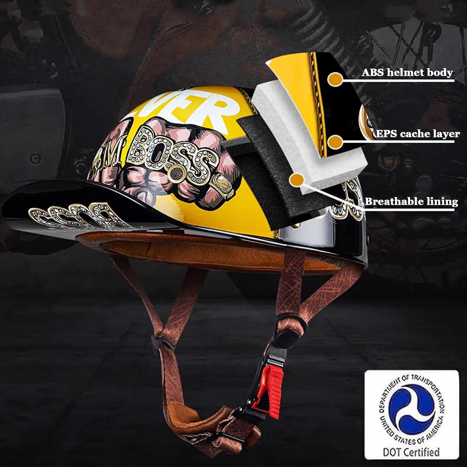 DOT Approved Baseball Cap Motorcycle Helmet - German Style Skull Cap Half Helmet 53-63cm for Men & Women - Cruiser/Scooter Use