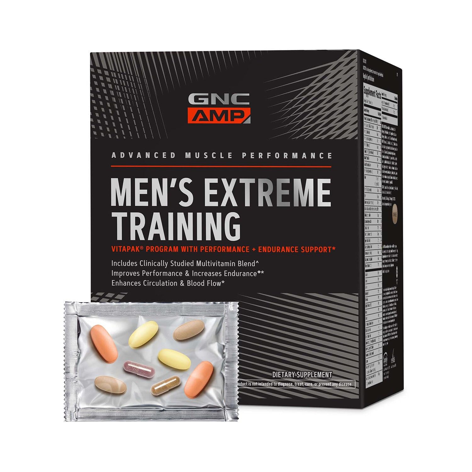 Programa de entrenamiento extremo para hombres GNC AMP Vitapak: 5 productos en 1. Práctico paquete de vitaminas para rendimiento, resistencia y multivitamínicos para adultos. Ingredientes comprobados: cafeína, óxido nítrico, suministro para 30 días.