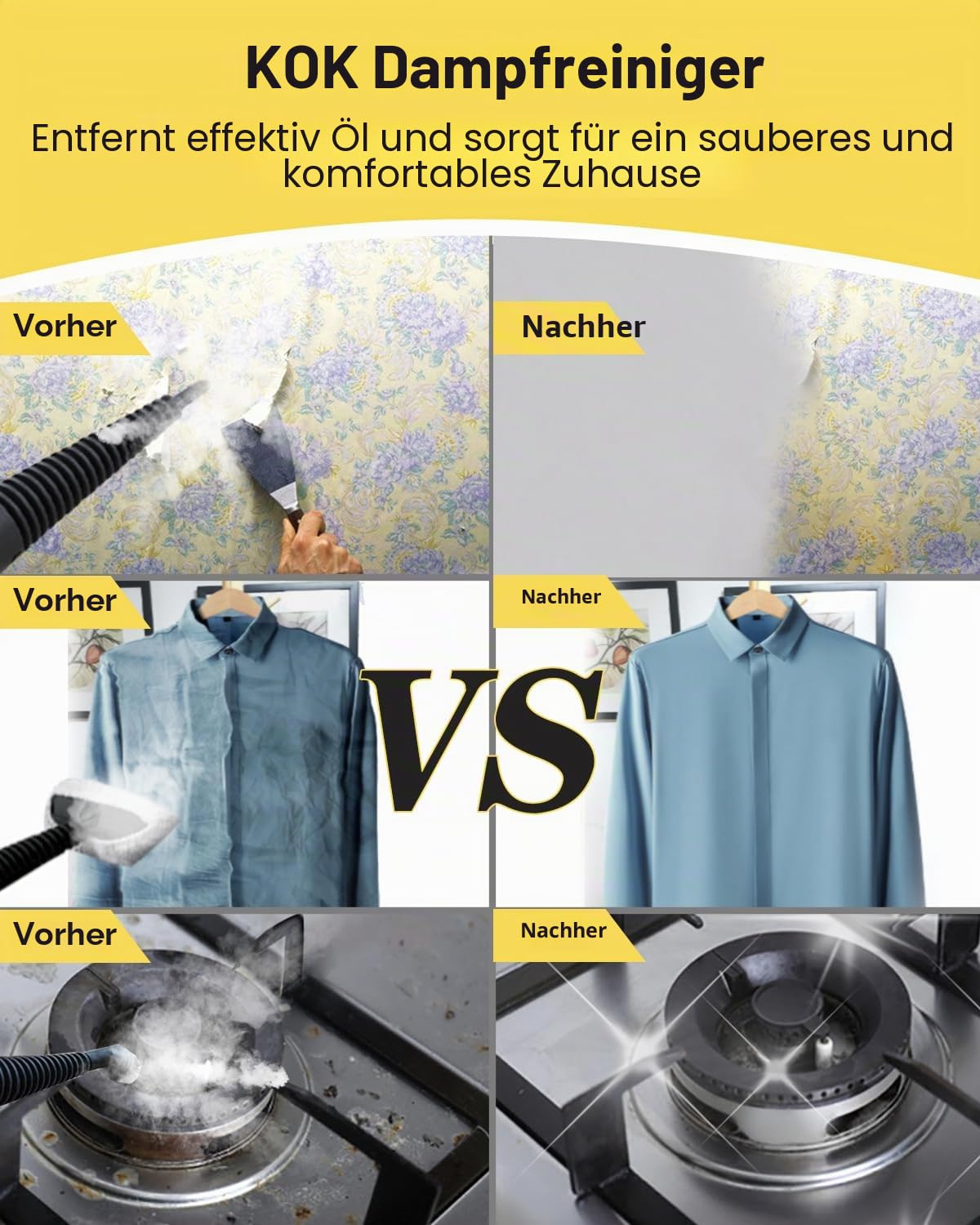 KOK Handdampfreiniger, 1050w, 3,5 bar, 350ml Wassertankkapazität Dampfreiniger Handgerät mit 9-teiligem Zubehör, Küchen, chemikalienfreier Dampfreiniger für Böden, Fliesen und Fenster (Gelb)