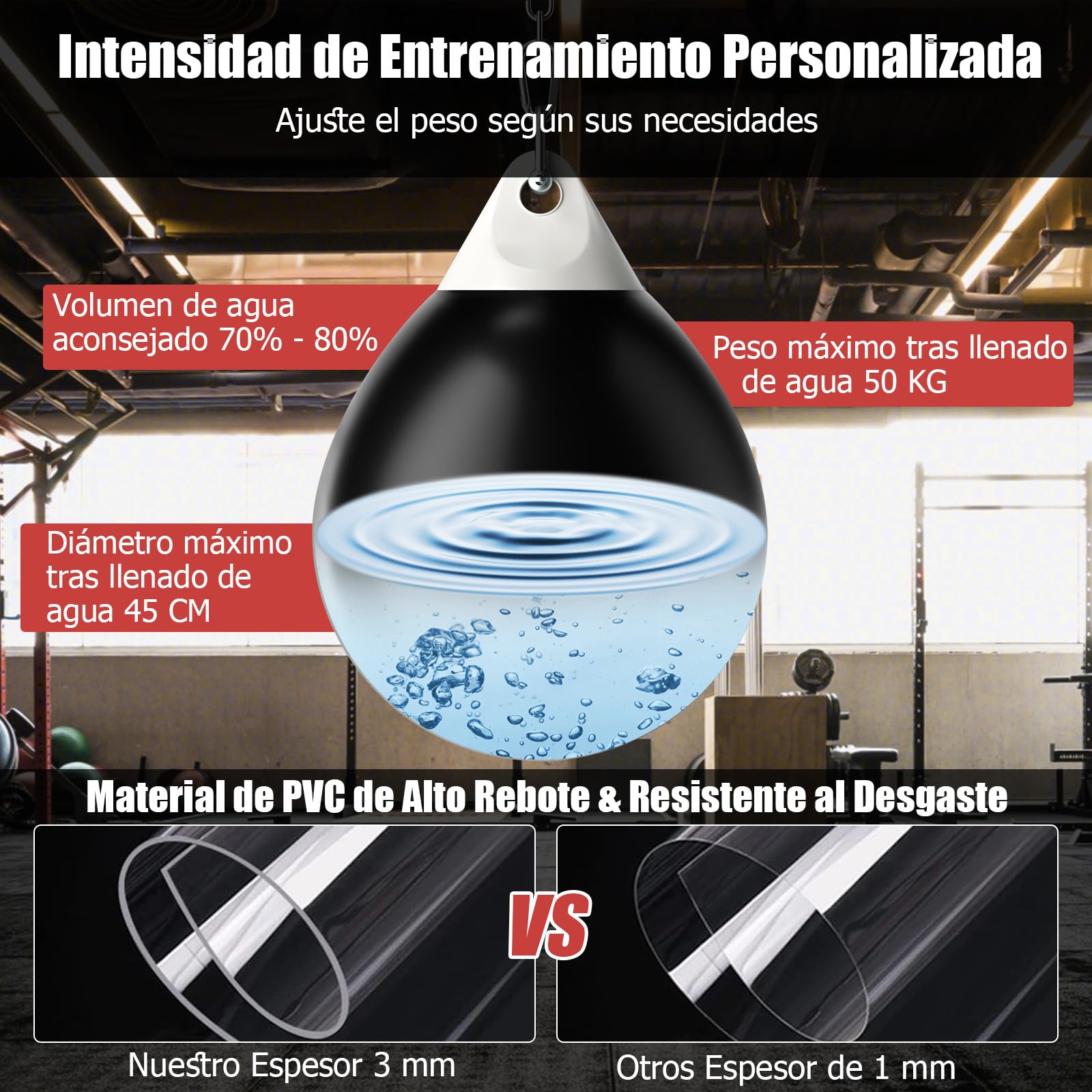 GYMAX Saco de Boxeo de Agua 45 cm 50 kg Cadena Metálica Ajustable