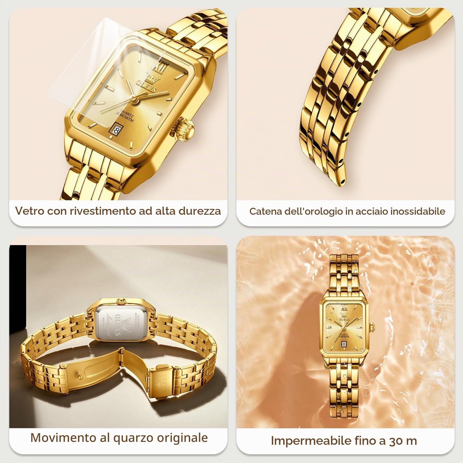 OLEVS Oro Orologio Donna Acciaio Inox Lusso Piccolo Orologio da Polso Donna Casual Fashion Rettangolare Analogico Quarzo Orologio Impermeabile Donna Elegante Regalo Donna
