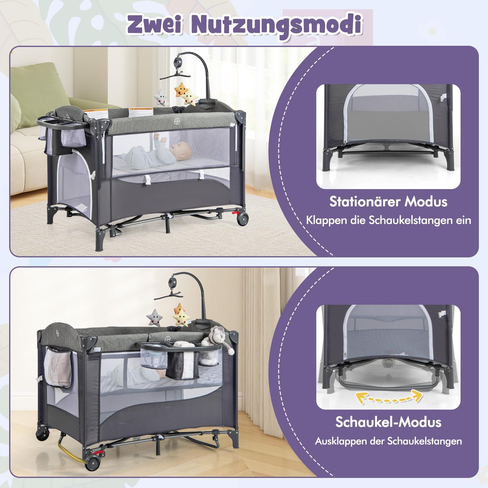 COSTWAY 5 in 1 Babybett, Reisebett Baby mit Matratze, Beistellbett höhenverstellbar mit Wickeltisch, Sicherheitsgurt, Spieluhr & Hängespielzeug, Stubenwagen Babywiege mit Rollen für Kleinkinder, Blau