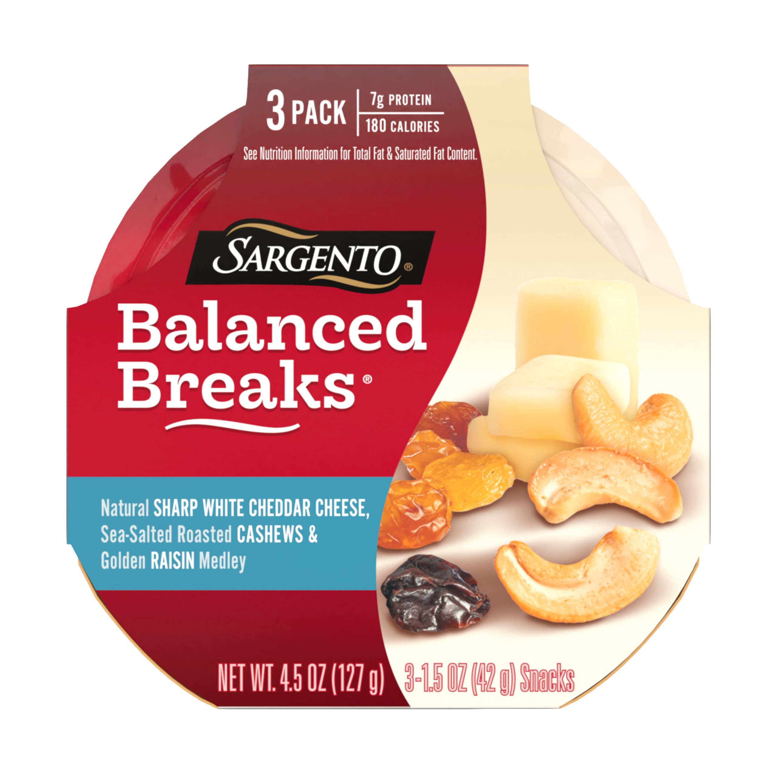 Sargento Balanced Breaks Natural Sharp White Cheddar Cheese, Sea-Salted Roasted Cashews and Golden Raisin Medley Snack Kit, 3-Pack