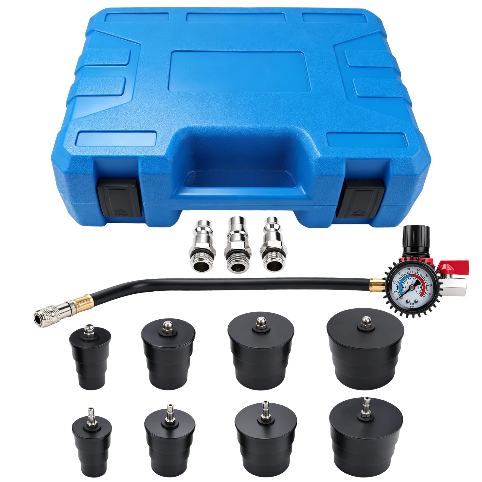 Turbolader Test Set 9 Stück Turbolader Ladeluft System Adaptersatz, Abdrücksatz für Ladeluftkühler, Prüfwerkzeuge für Ladeluftschläuche, Abgasturbolader und Kompressorsysteme