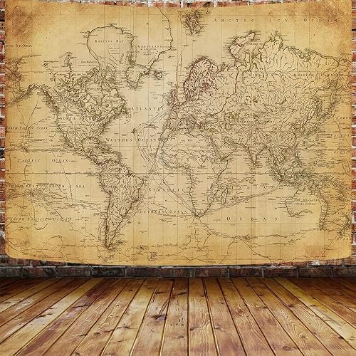 Miniatura 2 de Tapiz de mapa del mundo antiguo, tapiz vintage de distribución geográfica para colgar en la pared, póster educativo marrón del Atlas histórico para