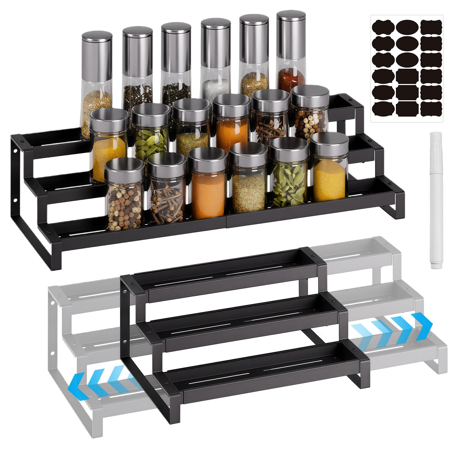 Chungg White Tiered Spice Rack For Inside Cupboard, Labels For Jars & Chalk, Expandable Spice Organiser Kitchen Counter Shelf, Large Seasoning Rack Organiser, For Kitchen Countertop, Pantry, Bathroom