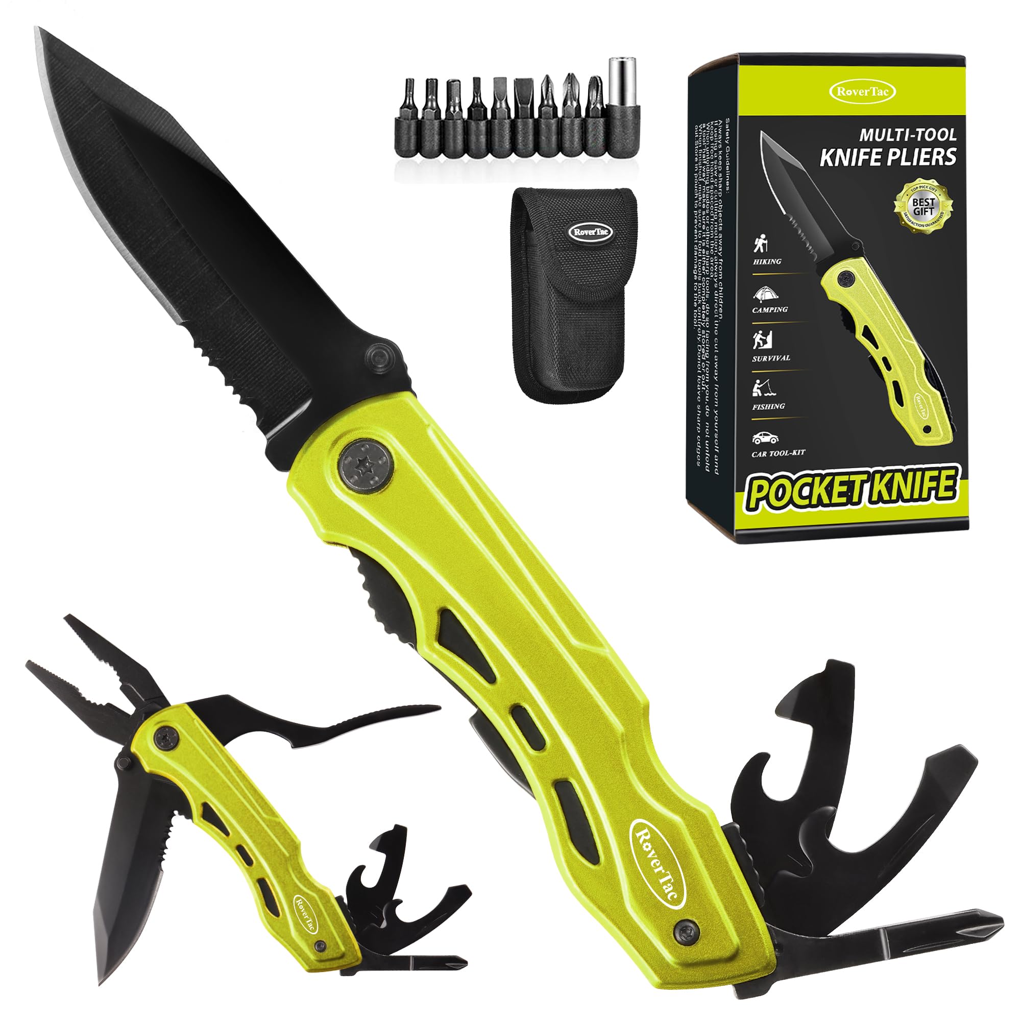 RoverTac 15-in-1 Pocket Multitool Knife - Folding Knife with Pliers, Bottle & Can Opener, Phillips Screwdriver + 9 Bits, Nylon Sheath - EDC Multi Tool